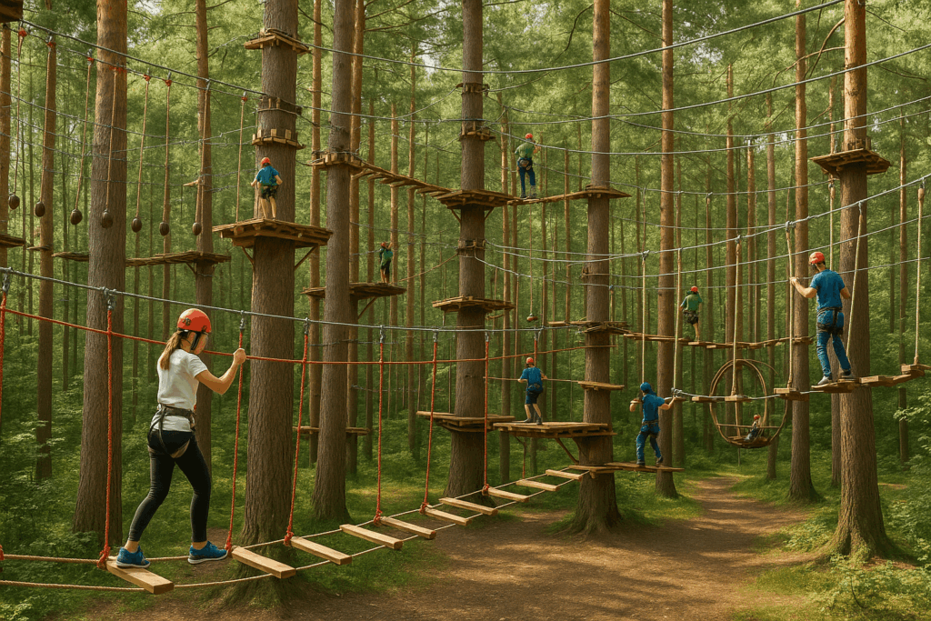 Kinder beim Klettern in einem Kletterpark im Wald