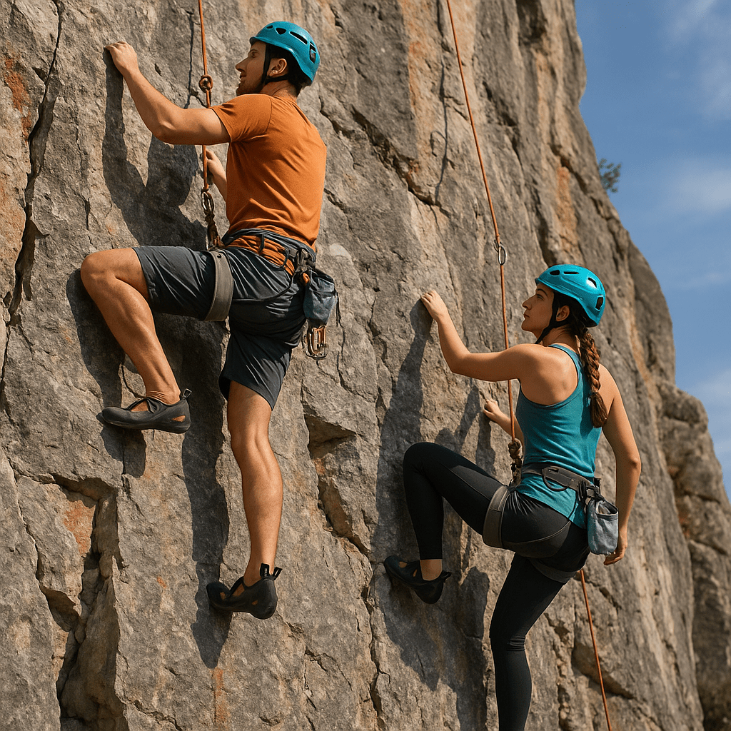 Zwei Kletterpartner beim Klettern an einer steilen Felswand mit Helm und Ausrüstung