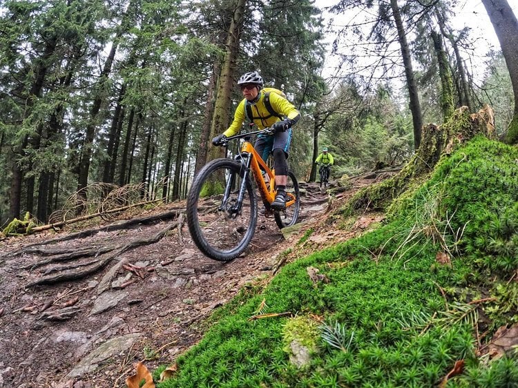 Mountainbike Trail in Winterberg, NRW, durch bewaldetes Gelände