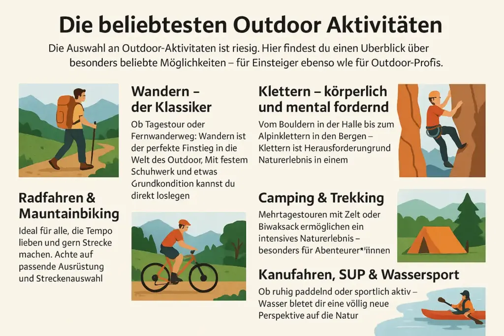 Infografik zu beliebten Outdoor-Aktivitäten wie Wandern, Klettern, Radfahren und Wassersport