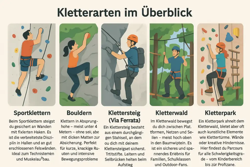Illustration mit fünf Kletterarten: Sportklettern, Bouldern, Klettersteig, Kletterwald und Kletterpark