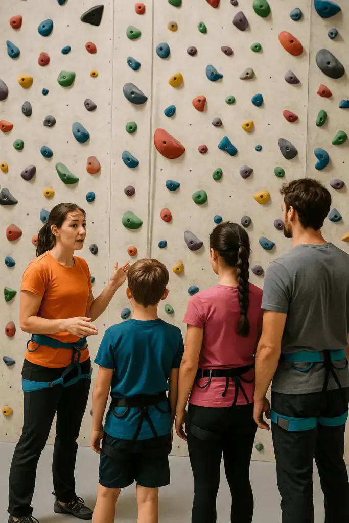 Teilnehmerinnen und Teilnehmer in einem Kletterkurs vor einer Kletterwand
