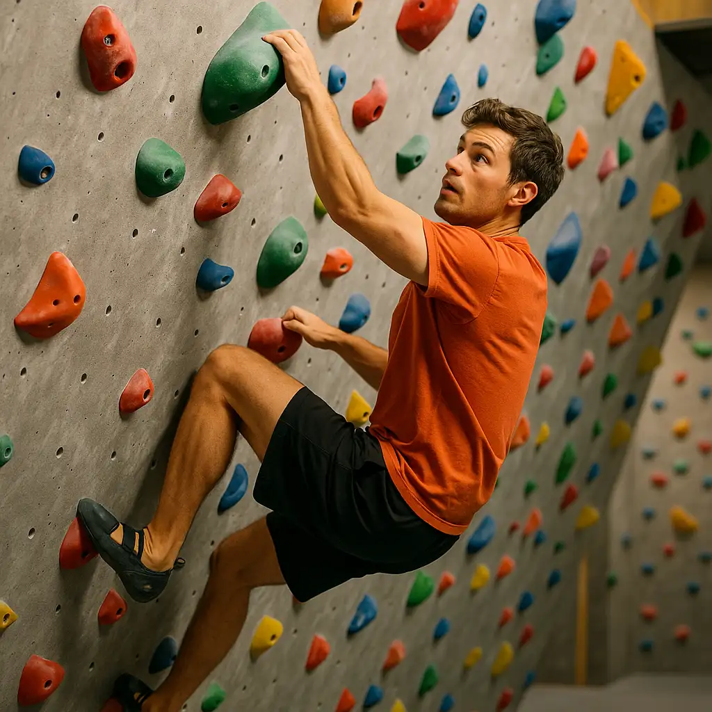 Kletterer beim Training an einer bunten Kletterwand in der Halle