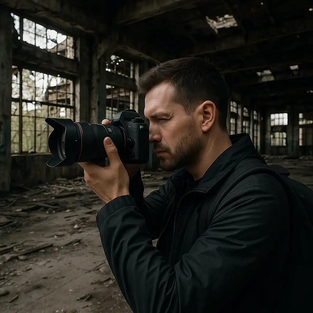 Mann fotografiert einen lost place in einer verlassenen Industriehalle