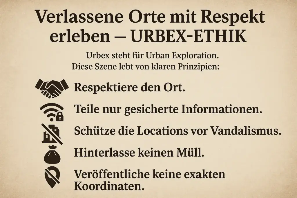 Urbex-Regeln für Lost Places – Infografik zur Ethik beim Erkunden verlassener Orte