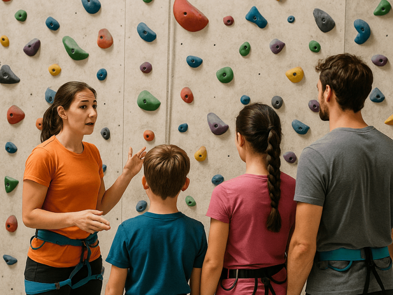 Teilnehmerinnen und Teilnehmer in einem Kletterkurs vor einer Kletterwand