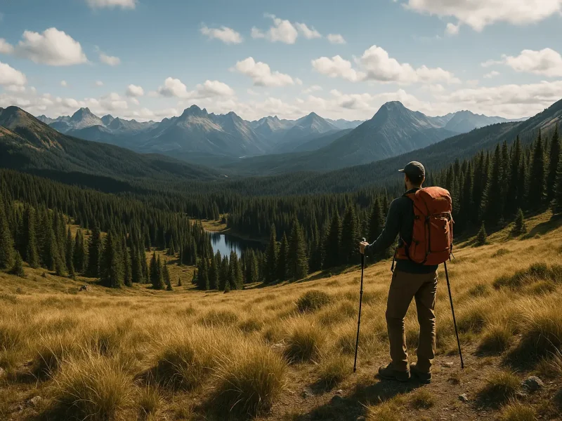 Mann beim Outdoor-Wandern in den Bergen mit Blick auf ein Waldtal
