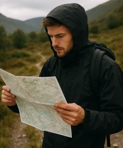 Outdoor-Orientierung mit Karte – vorbereitet unterwegs Outdoor-Wanderer mit Regenjacke liest Karte zur Orientierung in der Natur