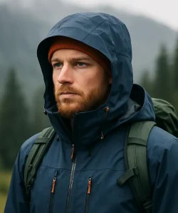 Outdoor-Wanderung bei Wind und Wetter – mit Ausrüstung sicher unterwegs Mann mit Outdoor-Jacke und Rucksack blickt konzentriert in die Ferne im Wald