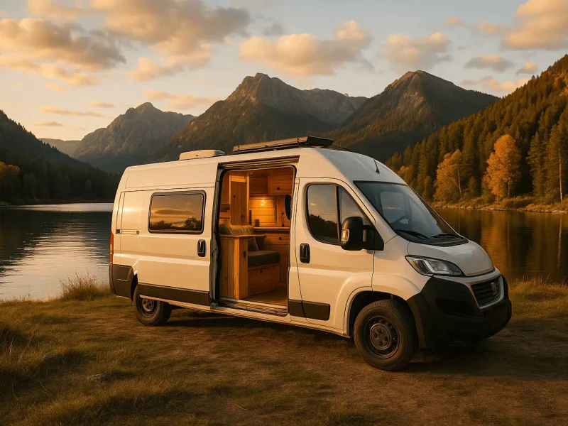 Vanlife am See: Campervan bei Sonnenuntergang in der Natur