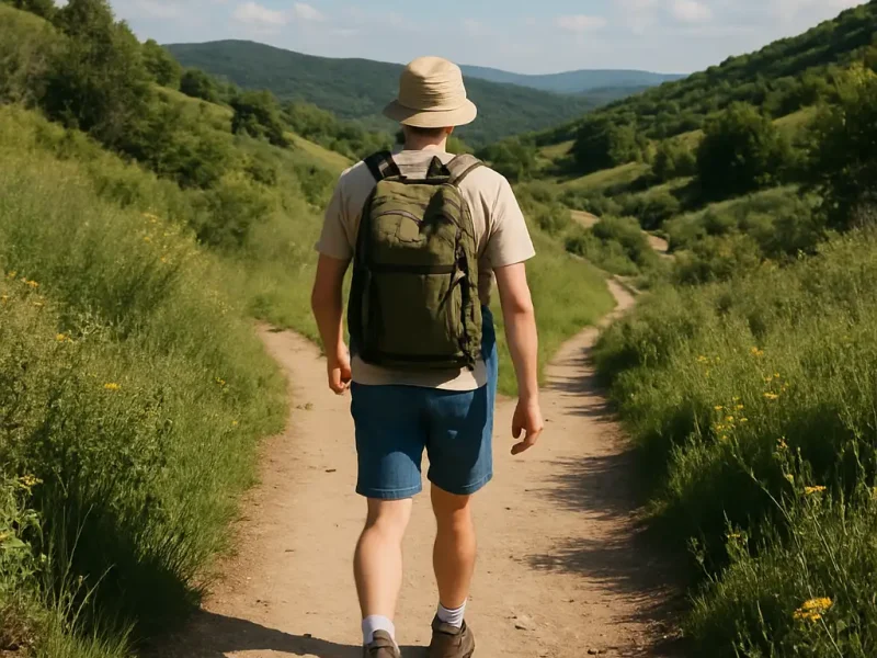 Mann mit Rucksack wandert bei Sonnenschein durch hügelige Natur